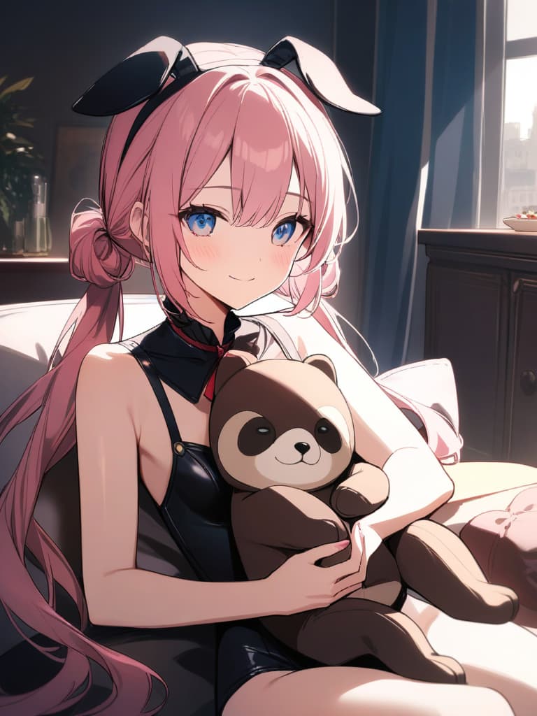  masterpiece,one girl,delicate pink hair color,(twin tail hairstyle),(wearing black bunny ears catsuit),delicate blue eye color,smiling,wearing black bunny girl uniform,blake！(((cute stuffed sloth on lap))),(((holding sloth))),sitting on plush sofa,table in foreground,gorgeous parfait on table,high quality,16k