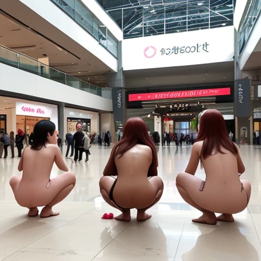  Naked women squatting naked on the floor in the mall hall in public, defecating all over the floor, attracting people to watch