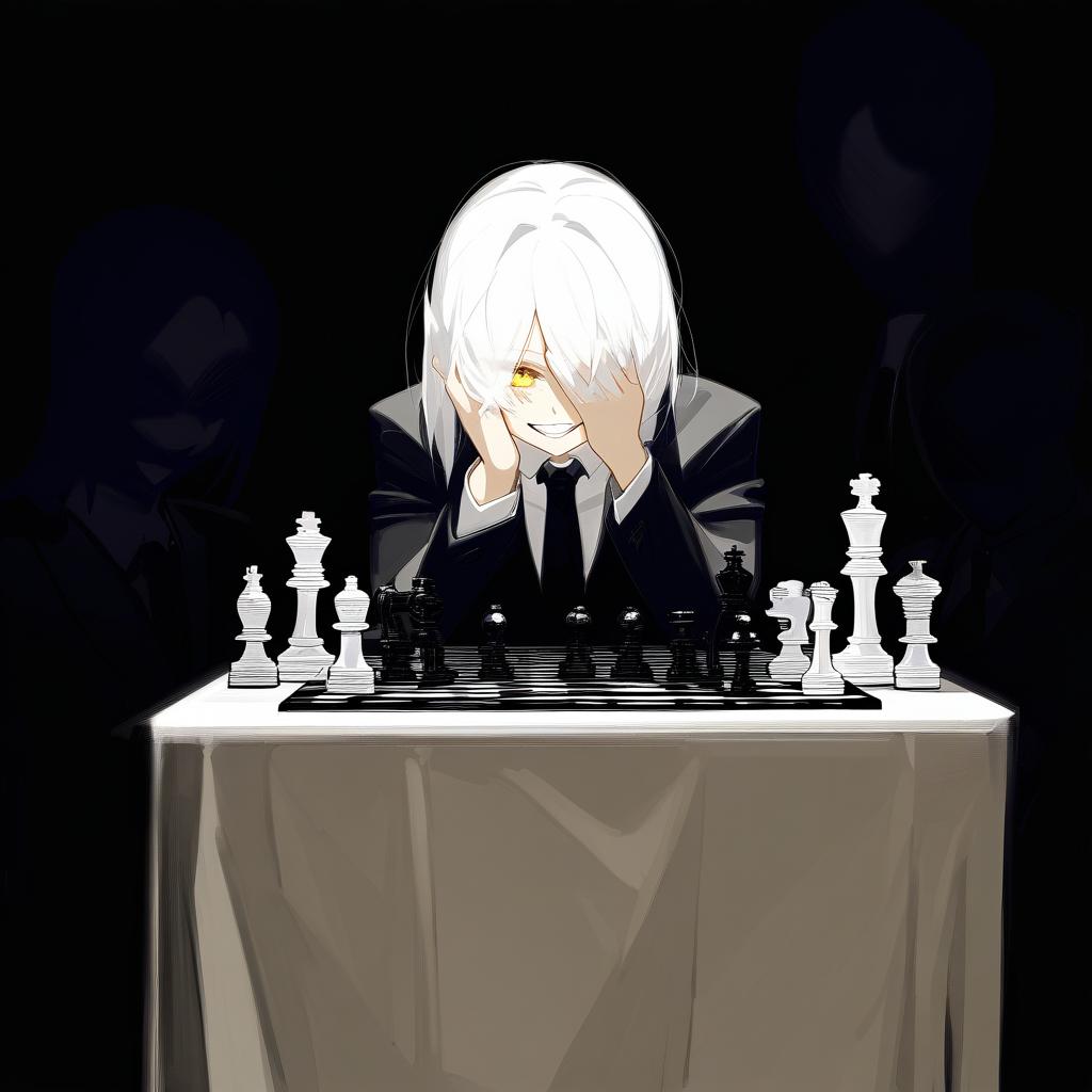  long white hair anime woman with shadows completely concealing face with the exception of evil empty white teeth smile on her face and only a hardly visible singular yellow eye, leaning on one hand with arrogance,jet black suit, black tie, sitting in front of a table with a chess set on it, no visible facial features due to blackness covering face full of shadows on face . best quality, high resolution