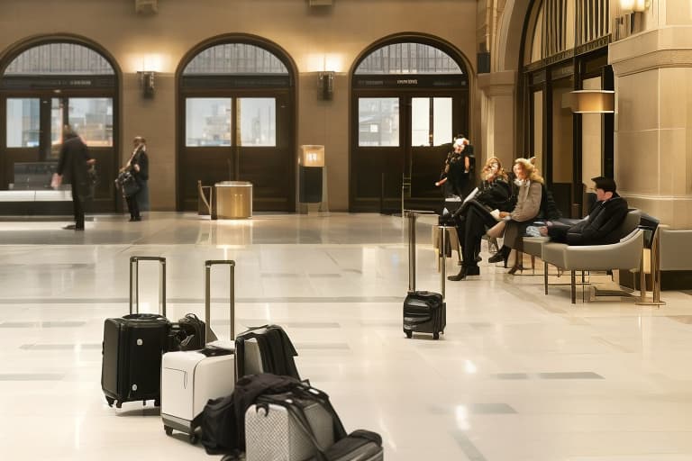 dvarchmodern people with baggage and luggage in hoboken terminal waiting room hyperrealistic, full body, detailed clothing, highly detailed, cinematic lighting, stunningly beautiful, intricate, sharp focus, f/1. 8, 85mm, (centered image composition), (professionally color graded), ((bright soft diffused light)), volumetric fog, trending on instagram, trending on tumblr, HDR 4K, 8K