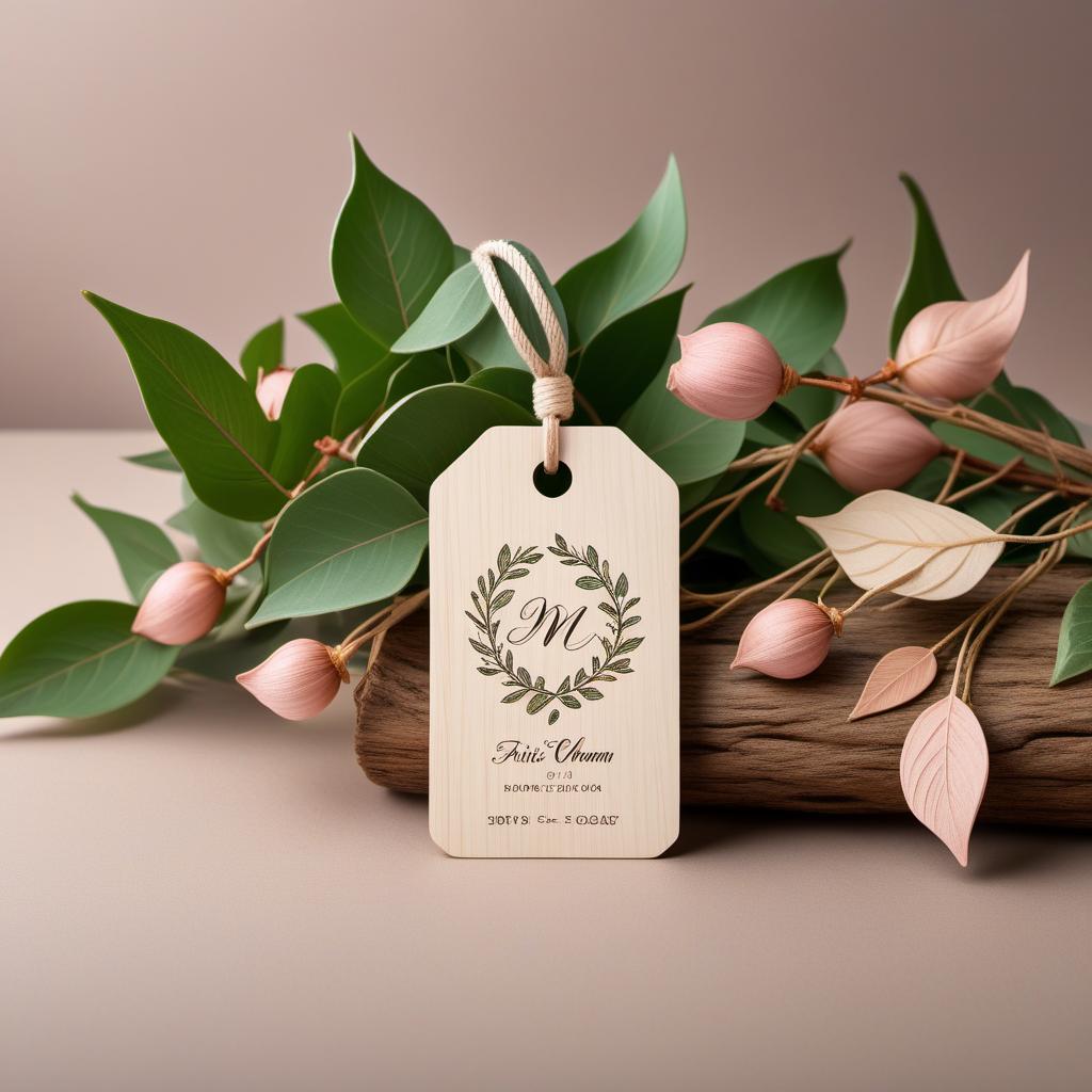  A tag design for a clothing brand called "Rustic Charm." The tag has a textured wooden pattern background with natural hues and soft pastel-colored motifs of leaves or vines. The font is an elegant cursive reminiscent of handwritten script. Small floral icons decorate around the corners, and the tag hangs with an organic twine string. hyperrealistic, full body, detailed clothing, highly detailed, cinematic lighting, stunningly beautiful, intricate, sharp focus, f/1. 8, 85mm, (centered image composition), (professionally color graded), ((bright soft diffused light)), volumetric fog, trending on instagram, trending on tumblr, HDR 4K, 8K