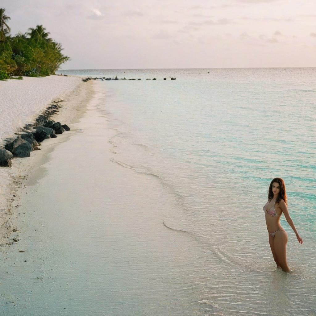  beautiful girl with light makeup on the beach on maldives, film photography style