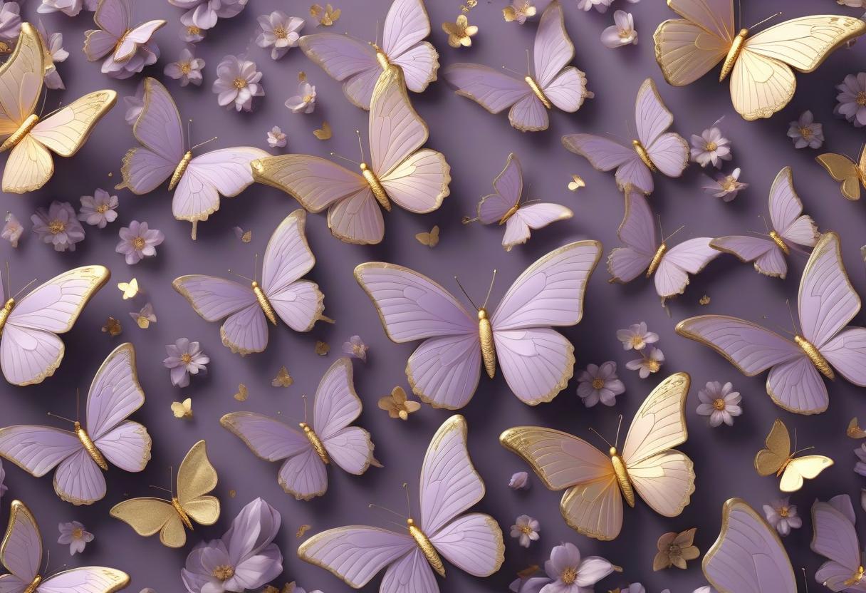  3d light purple butterflies of different sizes with faint gold on wings surrounded by flowers , centered, hd, professional design