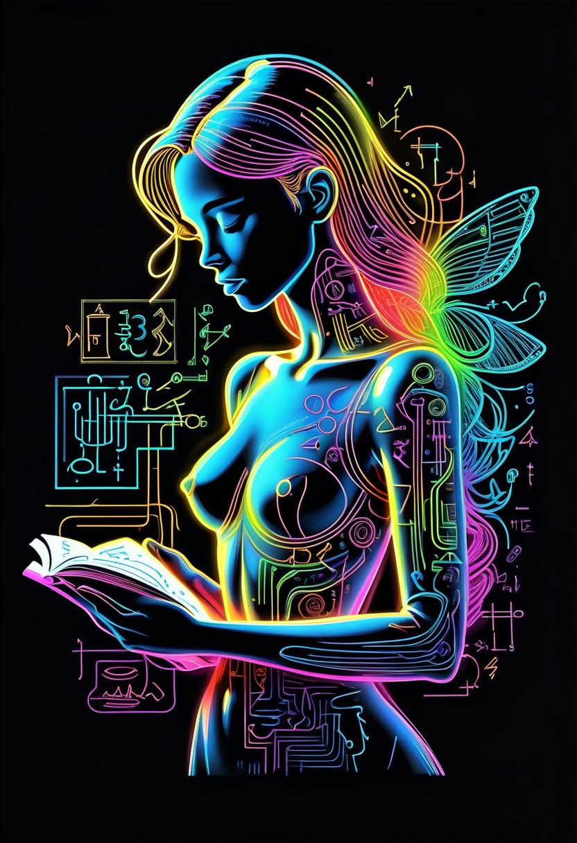  line art drawing tech bright circuit board fractal glossy bright multicolored ink sketch shiny outlines, thin contour line coloring, thin line, multicolor line, outlines of a silhouette of a girl reading a book made of mathematical symbols, (neon color mathematical symbols and formulas:1.4), that float around him, flying clocks, on a black background, style of jean delville, art in minimalist style, linear icons, (linear icon:1.5), line ilustration, . professional, sleek, modern, minimalist, graphic, line art, vector graphics