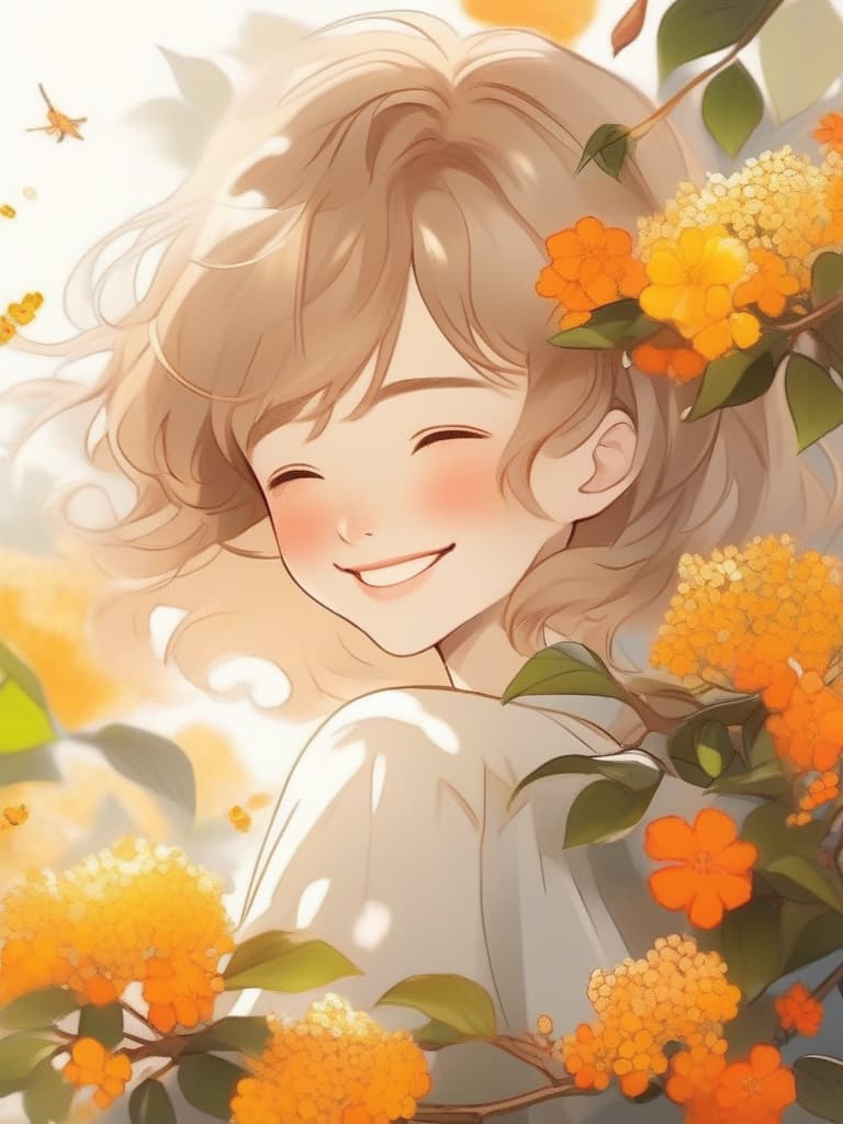  masterpiece,(male: ),(((handsome))),delicate light brown hair color,short hair,closed eyes,smiling face,larynx,fragrant orange sweet osmanthus flowers,high quality,16k