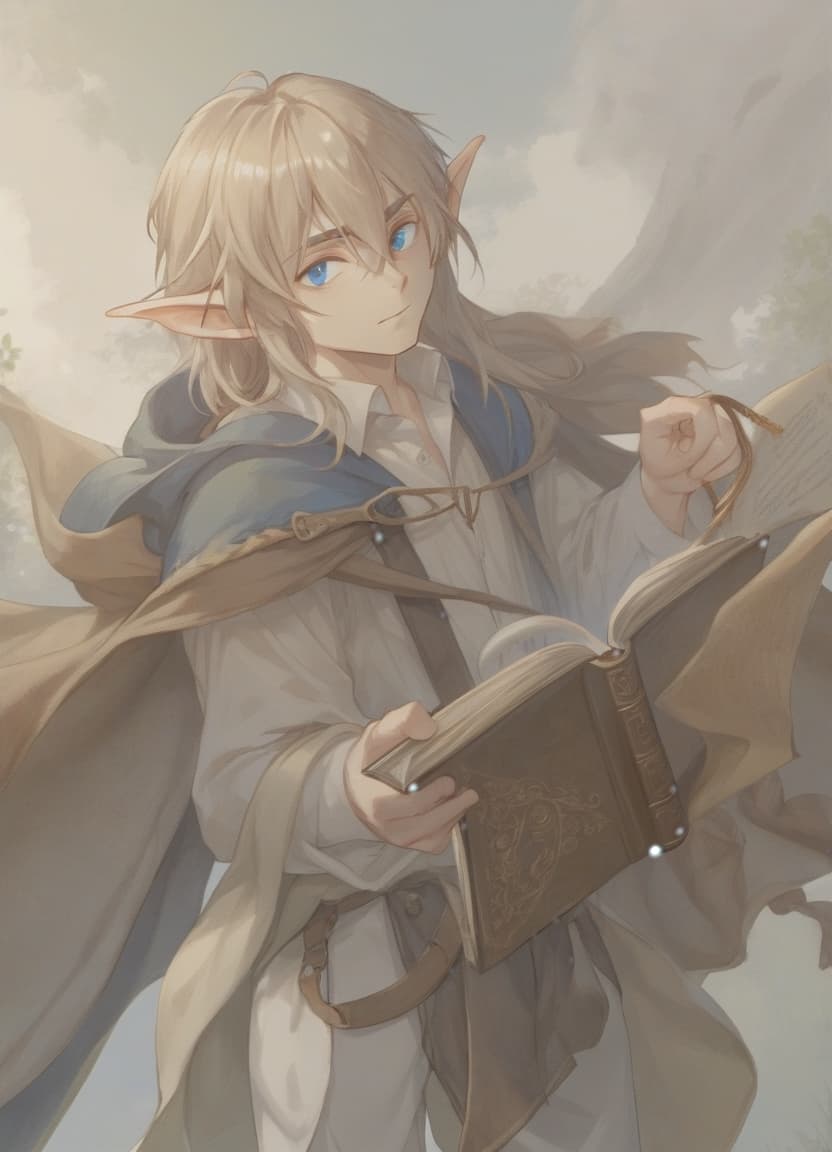  a beautiful young elf with long straw hair and blue eyes, dressed in a white shirt and beige pants, hangs a brown cloak on his shoulders, holds an open book in his hands