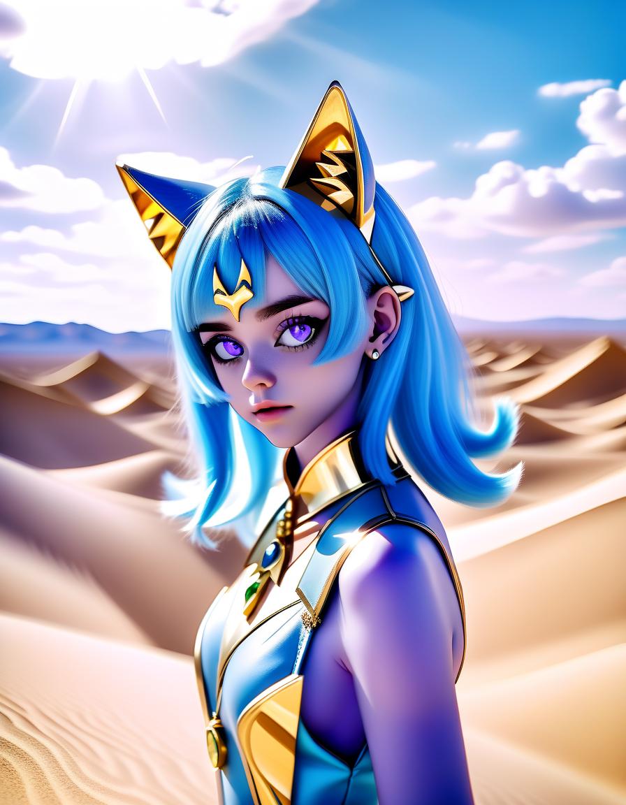  cinematic photo the with blue hair. you should. gold rim decoration with golden cat ears. large amethyst in seridine jewelry. azure shiny eyes of the aimed at me. two gold celets on shoulders and hands. s. in the desert. bright blue sky. white clouds. . 35mm photograph, film, bokeh, professional, 4k, highly detailed