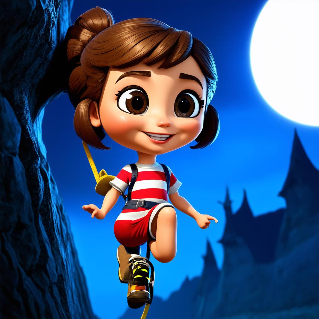  big head, big eyes, caricature, a caricature, rendering, (figurativism:0.8), climb girl climbing. cuphead style, epic realistic, pixar style, disney, (cycles render:1.3), caustics, (glossy:0.58), (artstation:0.2), cute