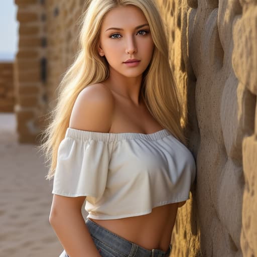  Width: 1024 Height: 1024 Scale: 7 Steps: 25 Seed: 2022672531 Sampler: DPM++ 2M SDE Karras 4k , high resolution . professional , realism ,warm colors ,glamour photography , art photography , stone wall , sand , a woman leaning against the wall in modeling pose , blonde air , off shoulder yellow short shirt , white cargo shorts ,