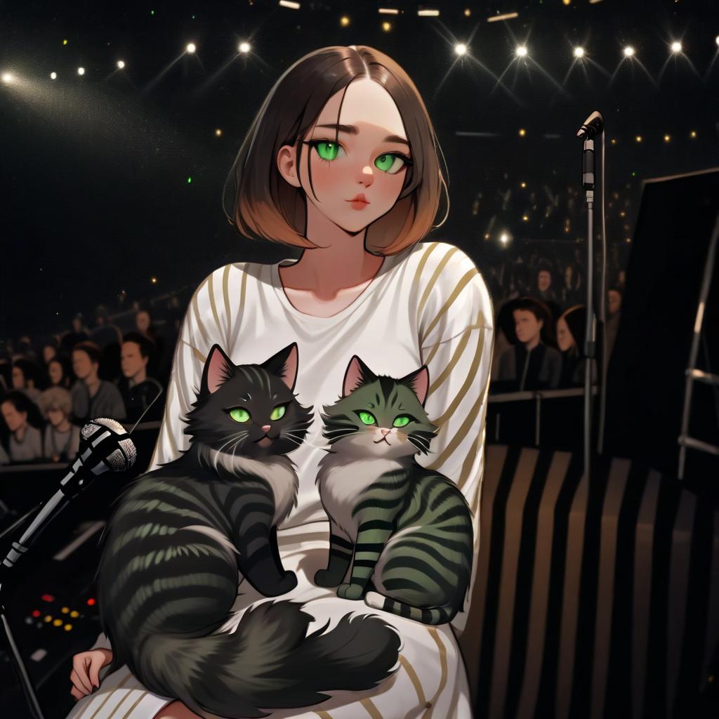  girl with dark green eyes, two furry striped cats, space, spotlights, view from the stage, microphone, music, royal grace