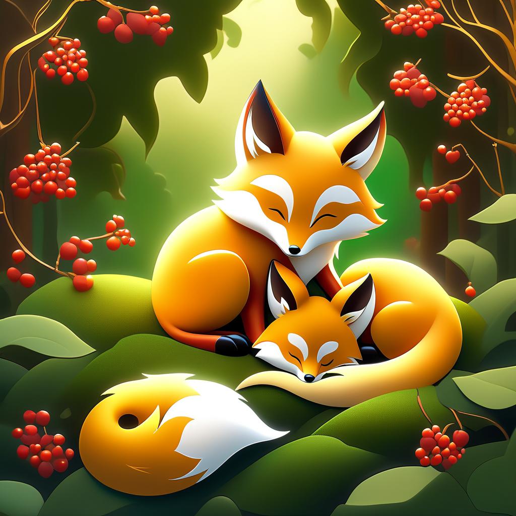  dreamscape (frame):gold round frame decorated with fancy oak leaves and rowan berries. (picture). animalism in fantasy style: little fox sleeping in the arms of big mum fox. appearance of a fox:sweetly sleeping curled up in a ball. (colours):orange, red, white, beige, gold, all shades of green, brown, brown gold. (style):animalism, fantasy, fairy tale, tenderness, kindness, calmness, cartoon . surreal, ethereal, dreamy, mysterious, fantasy, highly detailed, civitai, hkmagic hyperrealistic, full body, detailed clothing, highly detailed, cinematic lighting, stunningly beautiful, intricate, sharp focus, f/1. 8, 85mm, (centered image composition), (professionally color graded), ((bright soft diffused light)), volumetric fog, trending on instagram, trending on tumblr, HDR 4K, 8K