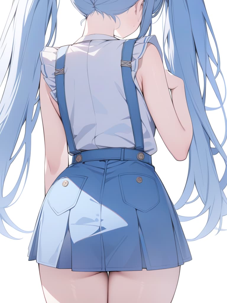  light blue hair, blue eyes, twin tails, girls, cute, overall, up, mini skirts, shy, masterpiece, best quality,8k,ultra detailed,high resolution,an extremely delicate and beautiful,hyper detail