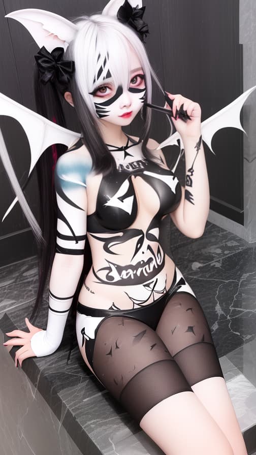  White bat pattern body paint in every corner of the body, Blark body paint all over the body, Blark face paint on the face, Two succubus sisters, full body image 女の子