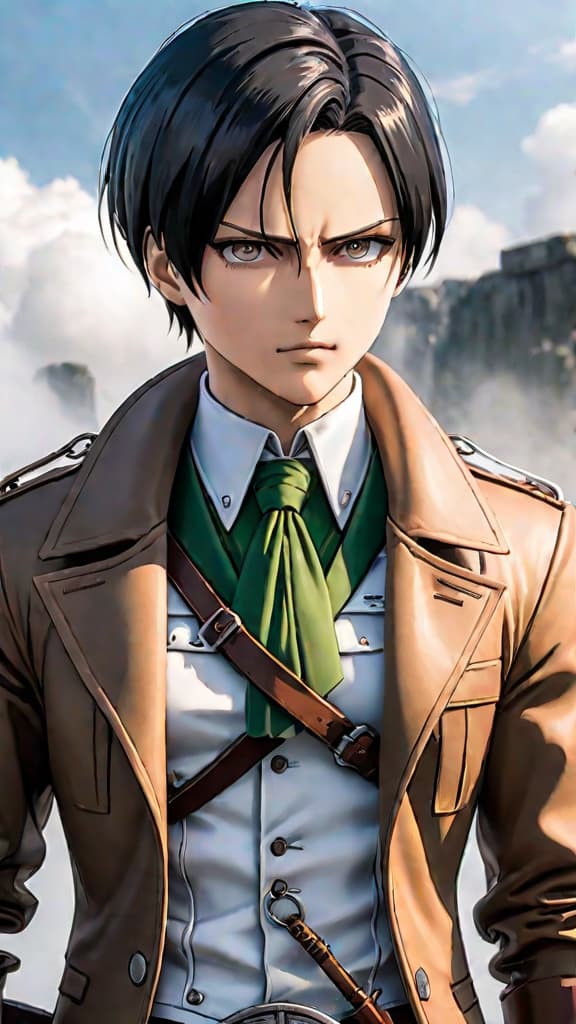  anime art: levi ackerman from attack on titan exhibits unparalleled tactical genius in battle. hyperrealistic, full body, detailed clothing, highly detailed, cinematic lighting, stunningly beautiful, intricate, sharp focus, f/1. 8, 85mm, (centered image composition), (professionally color graded), ((bright soft diffused light)), volumetric fog, trending on instagram, trending on tumblr, HDR 4K, 8K