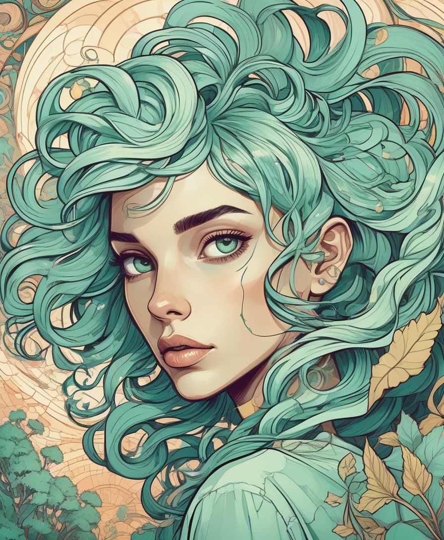  luxury product style light, centered, colorful, modern illustration of a girl with wild swirling mint hair full of landscapes. portrait, fibonacci sequence, tessellation, art nouveau, heavy outline comic book . elegant, sophisticated, high end, luxurious, professional, highly detailed