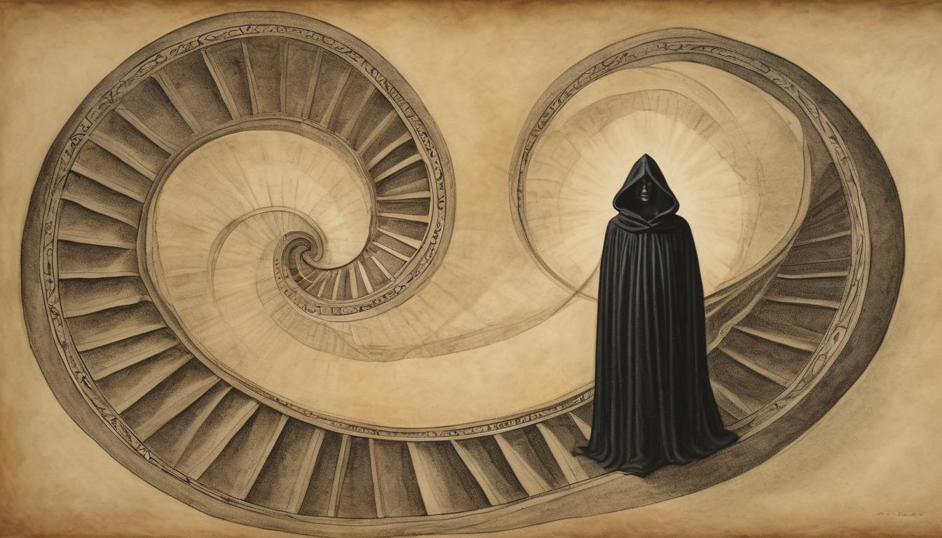  on parchment, surrealism++, a single figure, cloaked in dark robes, ascending a spiral staircase, illuminated by ethereal light, symbolism of growth(mysterious, provocative, symbolic)++