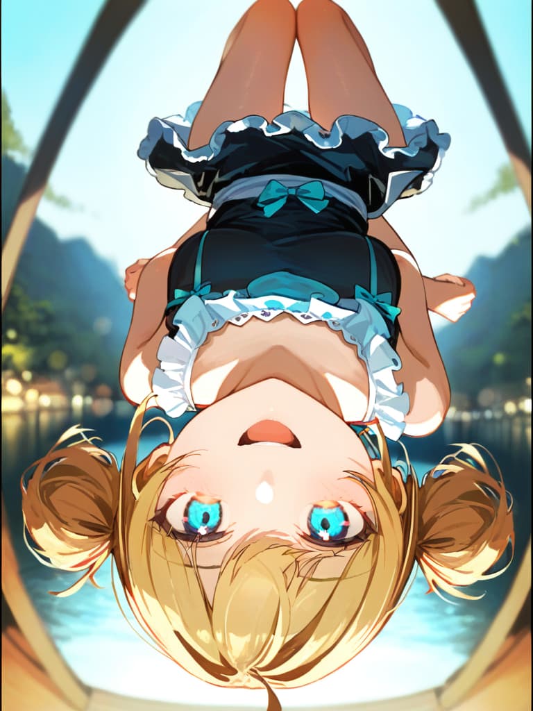  ultra detailed:1.2,masterpiece:1.2,best quality,masterpiece,bestquality,hdr:1.1,8k:1.1,very cute girl:1.3,(aqua maid :1.6),(standing:1.5) ,smile:1.4 ,(blonde hair,twin tail,drill hair:1.3) ,full body:1.3,dutch angel:1.5,open mouth,((upside down:1.7))((eyes highlight:1.1))