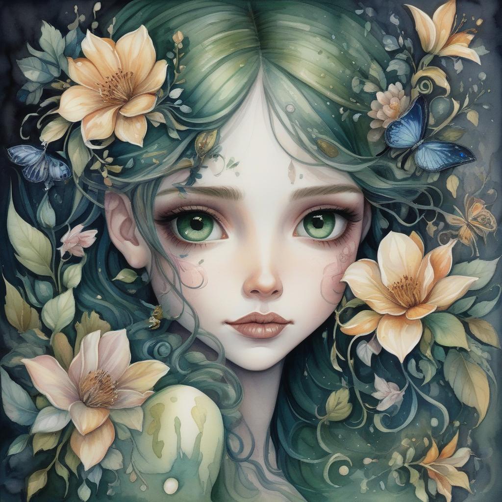  a hidden smile, a secret, who knows? idee von sady sadness . watercolors completely dark. green colors and flowers. no background. captured with exquisite detail on a canvas painting, the mesmerizing image evokes a sense of wonder and enchantment, showcasing the exquisite beauty of this unique creature. 3d, magical, fabulous, masterpiece painting, highly detailed, captivating, enchanting, diffuse light, perfect composition, watercolor, trending on artstation, sharp focus, studio photo, intricate details, highly detailed, by jasmine becket griffith watercolor, trending on artstation, sharp focus, studio photo, intricate details, very detailed