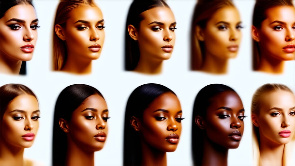  different beauty. set of different female heads on light background. different races and nationalities. ar 16:9, (natural skin texture), highly detailed face, depth of field, hyperrealism, soft light, muted colors