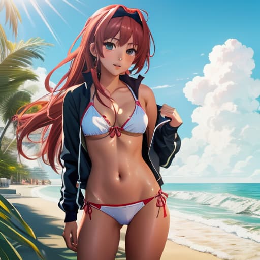   anime on beach without any clothes with her crotch visible and big s, 