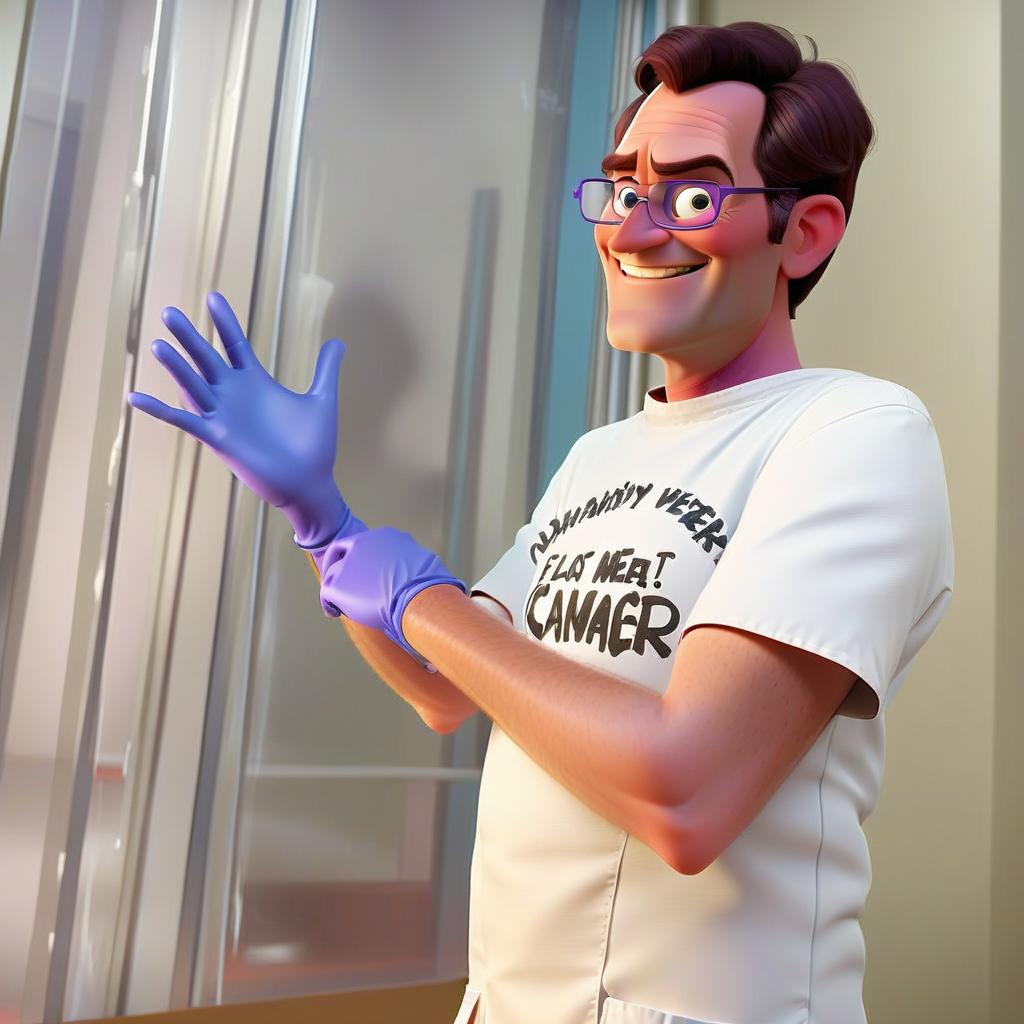  a character from pixar cartoons. this is an evil doctor. he puts on gloves smiling evilly. change background, behind the professor is a laboratory room, smoking flasks with liquid. the room is illuminated by a purple red light.