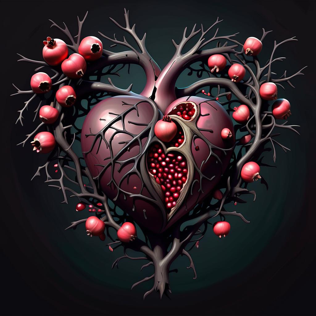  macabre style heart of twigs and pomegranate grains . dark, gothic, grim, haunting, highly detailed