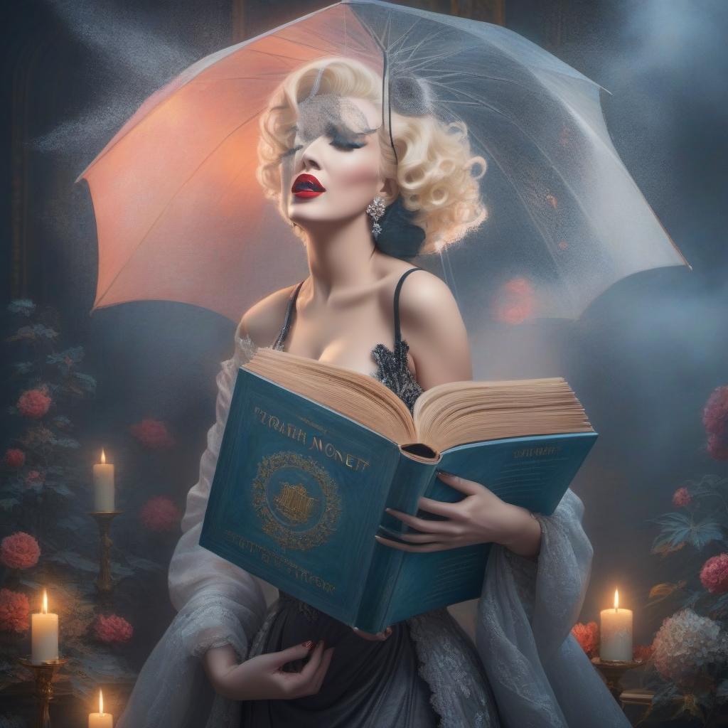  Art by Oscar Claude Monet, Marilyn Monroe with a book in her hands hyperrealistic, full body, detailed clothing, highly detailed, cinematic lighting, stunningly beautiful, intricate, sharp focus, f/1. 8, 85mm, (centered image composition), (professionally color graded), ((bright soft diffused light)), volumetric fog, trending on instagram, trending on tumblr, HDR 4K, 8K