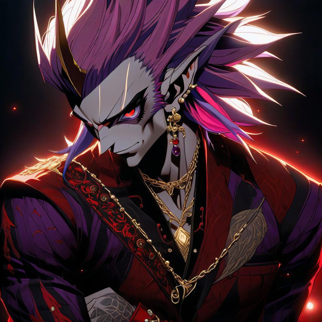  anime artwork dark elf male rock performer marble white skin, purple scarlet hair, lavender eyes with a red tint, dressed in a red violet shirt embroidered with red gold over the shirt wears , hairstyle in the style of hedgehog hair. an earring in ear, in the shape of a month. the crescent moon tattoo . anime style, key visual, vibrant, studio anime, highly detailed hyperrealistic, full body, detailed clothing, highly detailed, cinematic lighting, stunningly beautiful, intricate, sharp focus, f/1. 8, 85mm, (centered image composition), (professionally color graded), ((bright soft diffused light)), volumetric fog, trending on instagram, trending on tumblr, HDR 4K, 8K