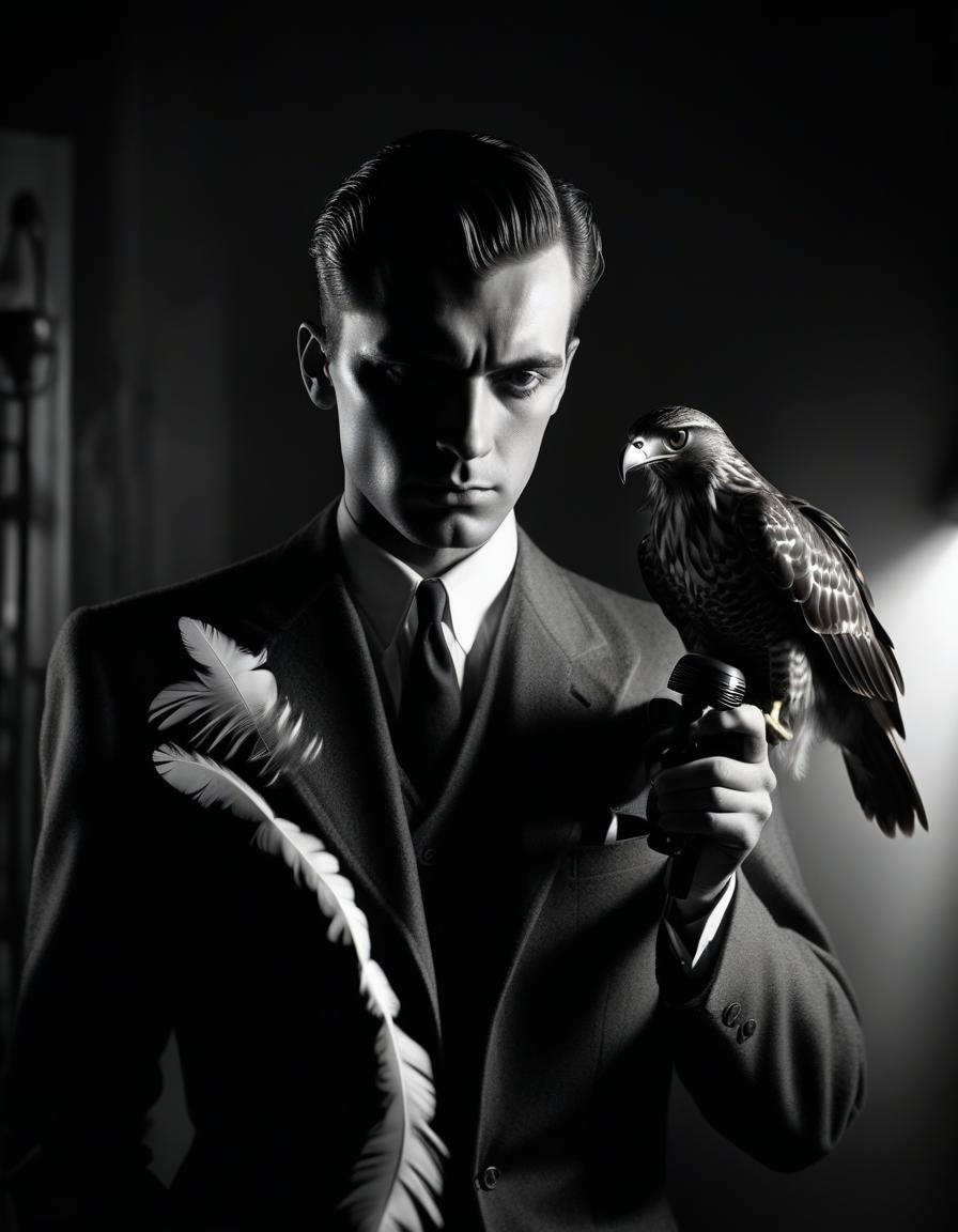  film noir style young hawk in the form of a man combs, dries feathers with a hairdryer . monochrome, high contrast, dramatic shadows, 1940s style, mysterious, cinematic