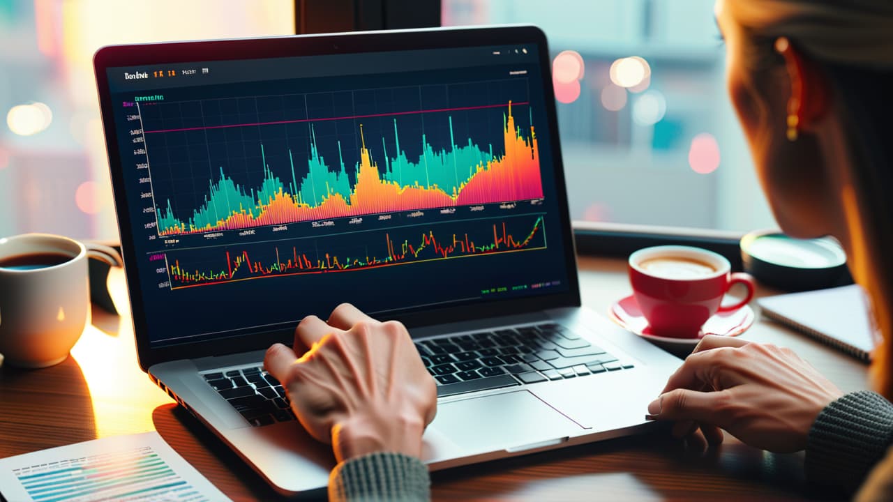  a close up of a laptop screen displaying colorful stock market graphs, with a pair of hands holding a $100 bill, surrounded by beginner trading materials like charts, a calculator, and a coffee cup. hyperrealistic, full body, detailed clothing, highly detailed, cinematic lighting, stunningly beautiful, intricate, sharp focus, f/1. 8, 85mm, (centered image composition), (professionally color graded), ((bright soft diffused light)), volumetric fog, trending on instagram, trending on tumblr, HDR 4K, 8K