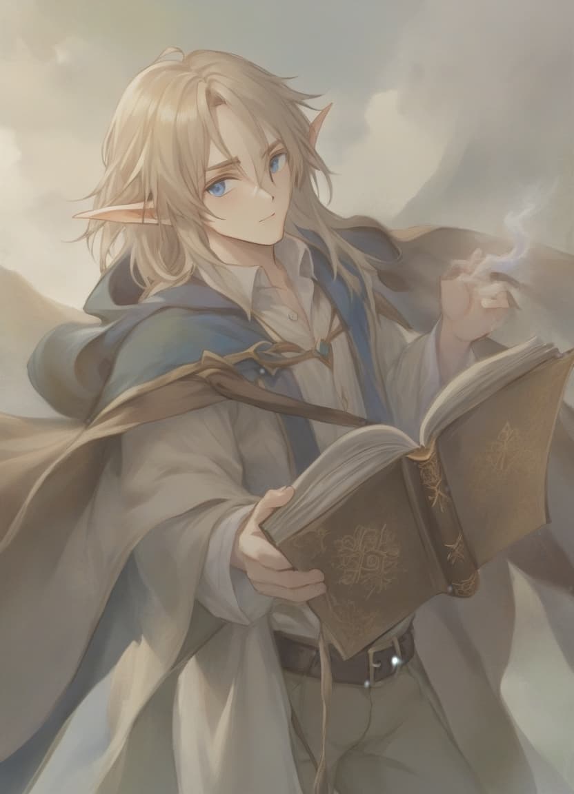  role playing game (rpg) style fantasy a beautiful elf with long straw hair and blue eyes, dressed in a white shirt and beige pants, hangs a brown cloak on his shoulders, holds an open book in his hands . detailed, vibrant, immersive, reminiscent of high fantasy rpg games, perfect hands