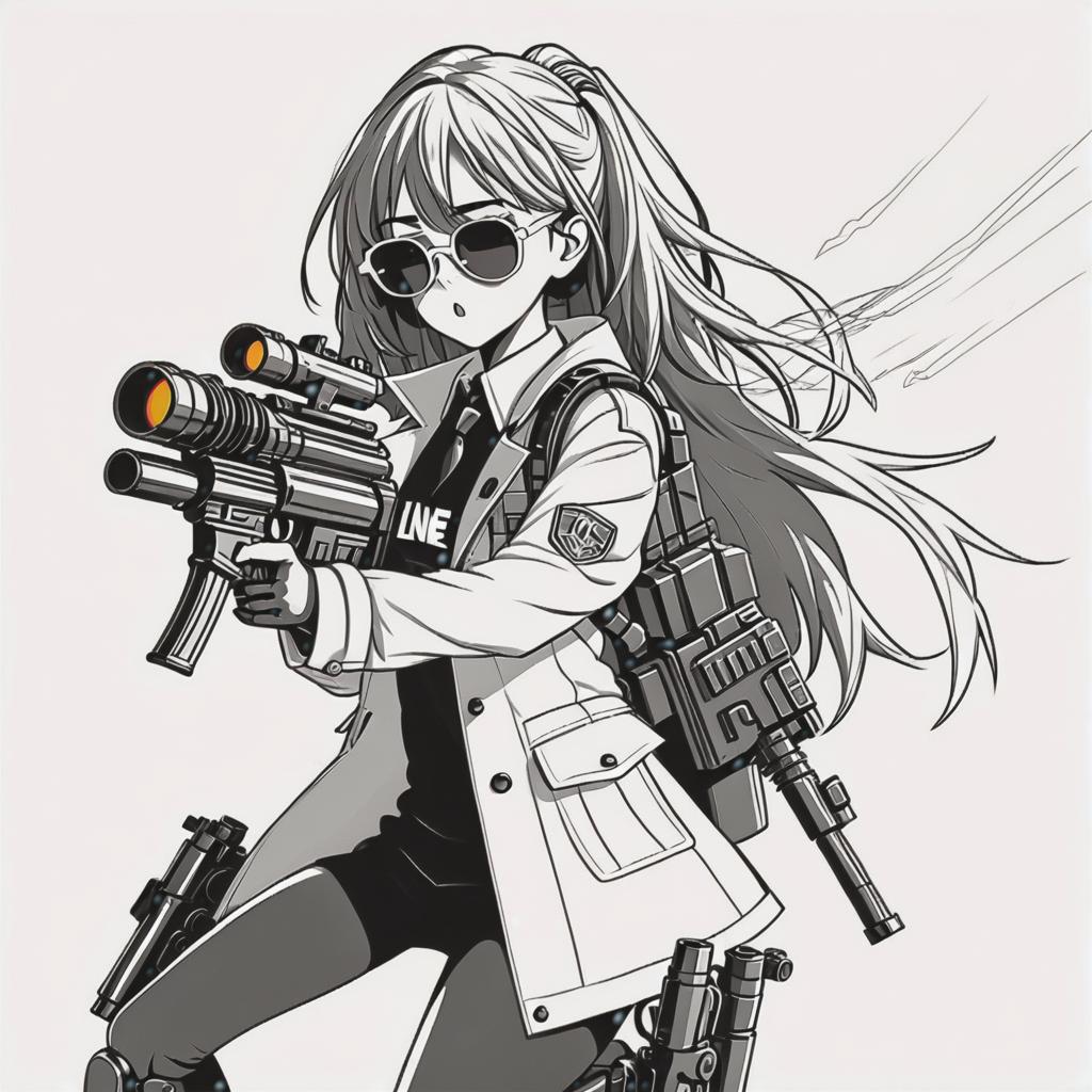  line art drawing sunglasses girl shooting minigun, battle stance, same nightmare. anime style . professional, sleek, modern, minimalist, graphic, line art, vector graphics