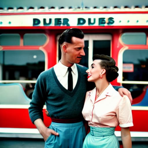  Woman and man in front of diner in 1950s