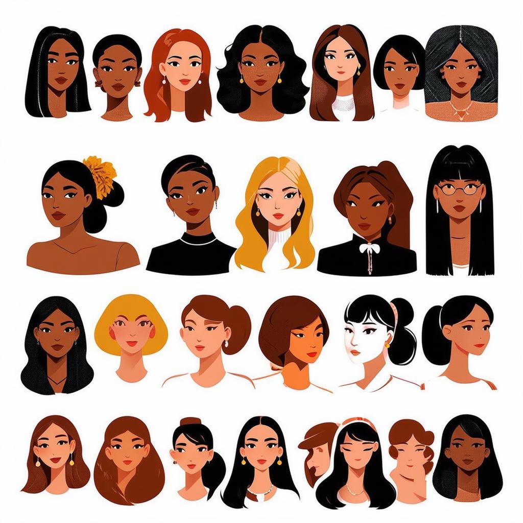  flat illustration, flaticon, (illustration:1.15), different beauty. set of different female heads on white background. different races and nationalities, [cory loftis, strobist, pascal campion :: 0.2]