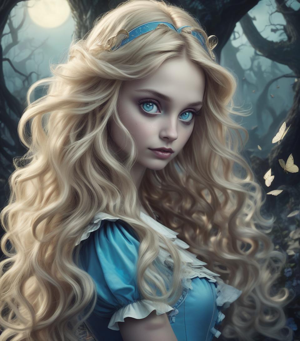  breathtaking beauty, ((portrait)) of twisted ((alice in wonderland)) long flyaway wavy blonde hair, cute, whimsical, intricate, foreboding, audacious detailed fantasy, moonlight and shadows charming, fabled colors, dark vision ((skyrim)) digital art magnum opus