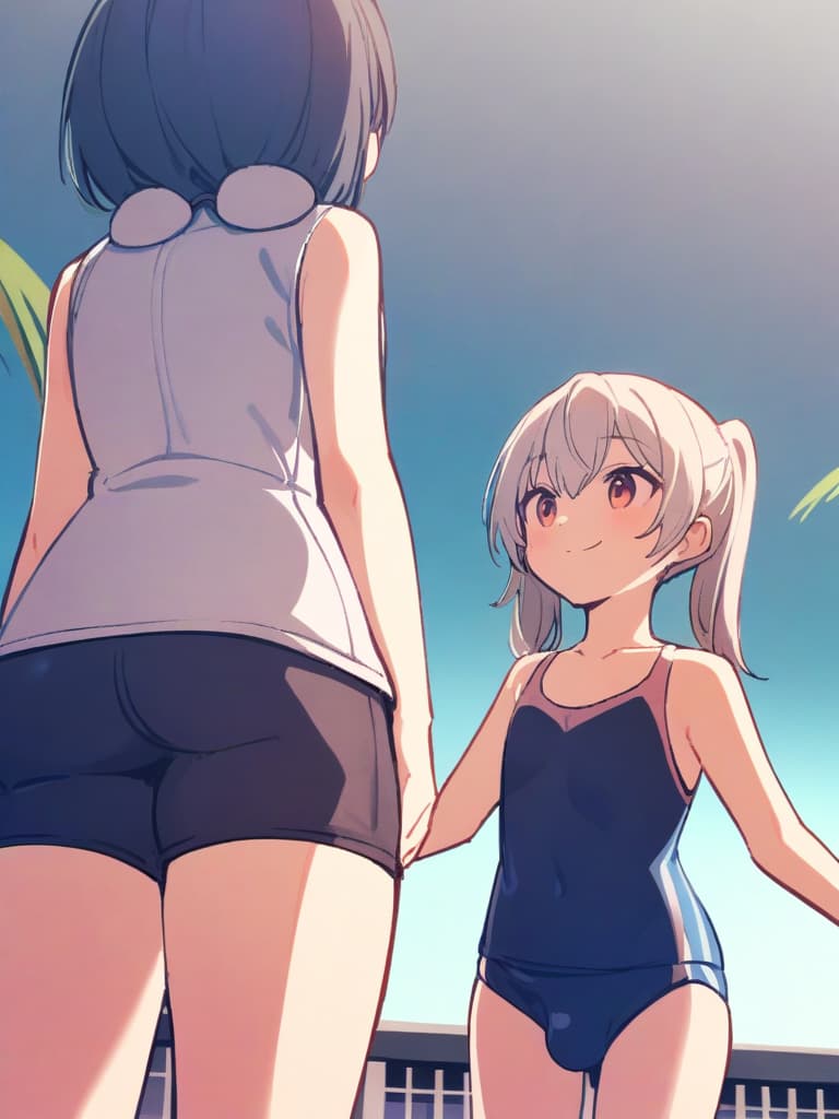  women's elementary students (male), twin tails, cute smiles, (rich s), short stature, dark blue swimwear, old swimwear, swimwear, simple, (upward), upward, (bulge), front, whole body, pool side ,,,