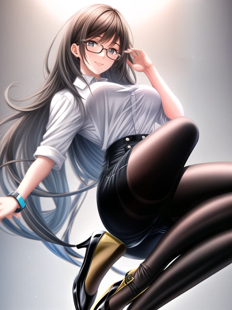  scissorhands posture, white top, work pants, wearing glasses, long black hair, average figure, french bangs for a girl hyperrealistic, full body, detailed clothing, highly detailed, cinematic lighting, stunningly beautiful, intricate, sharp focus, f/1. 8, 85mm, (centered image composition), (professionally color graded), ((bright soft diffused light)), volumetric fog, trending on instagram, trending on tumblr, HDR 4K, 8K