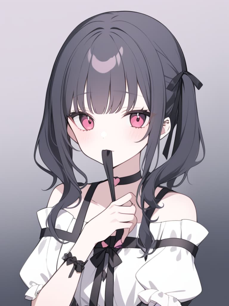  "a 'jirai kei' female character with a youthful and delicate appearance,resembling the style of the provided reference image. the character has black hair in a short,slightly messy,and layered style,tied into twin tails with black ribbons. she wears a dark outfit with a choker around her neck,featuring heart shaped details,and black,off the shoulder clothing with puffy sleeves.the character should also be wearing a black mask that has been pulled down to rest around her chin,partially exposing her face. she has a melancholic yet slightly shy expression,with dark makeup around her eyes that enhances her introspective and emotional look. the pose remains delicate,with one hand gently resting near the mask,as if she has just pulled it down.the