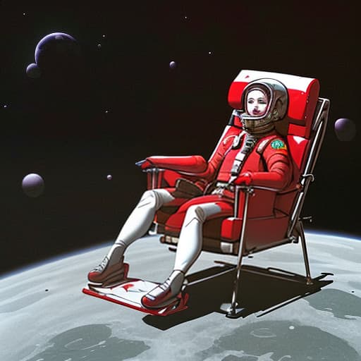  red chairs in zero gravity on the moon