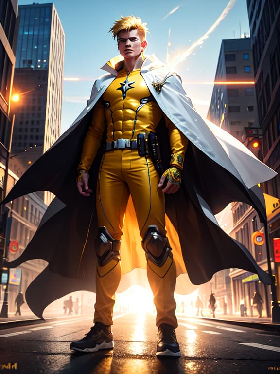  master piece, best quality, ultra detailed, highres, 4k.8k, one main character, standing confidently, confident, break a hero in a yellow suit and white cape, city street, buildings, street lights, and pedestrians, break urban, dynamic and powerful, magic particles