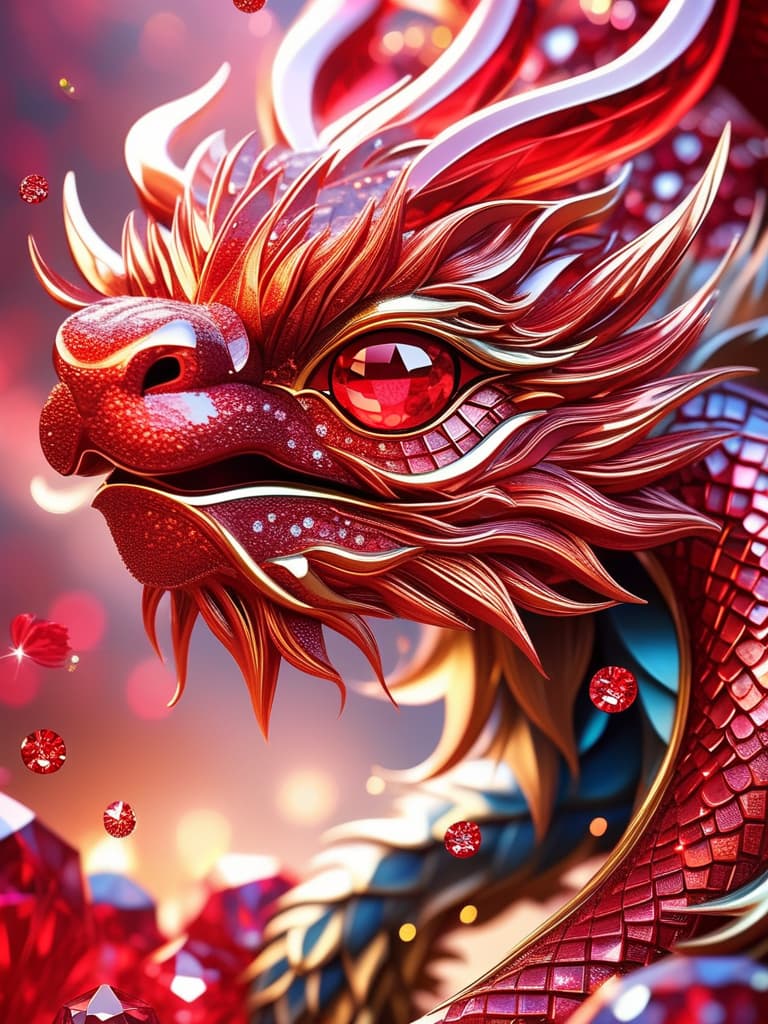  best quality, master piece, highly detailed, dynamic shot of a beautiful red ruby and (diamonds:1.2) scaled chinese dragon, (beautiful eyes, up close:1.3), macro, mythological creature, dream world, spring festival