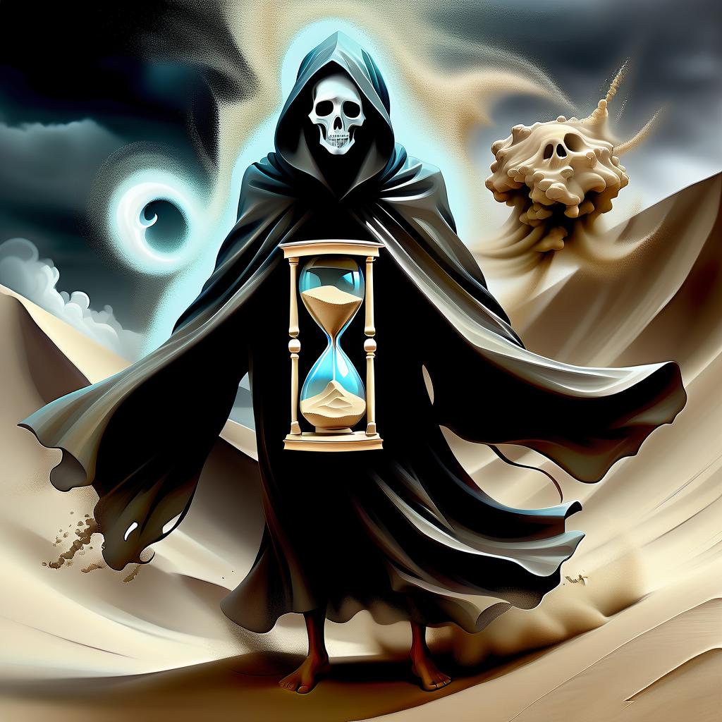  macabre style (double exposure surreal painting:1.3), (mysterious figure:1.2) of a (wanderer:1.3) dissolving in a (sandstorm:1.2), wrapped in a (flowing cloak:1.2) with a (masked face:1.1). behind him, a (giant hourglass:1.3) looms, its glass reflecting the (chaotic grains of sand:1.2) swirling around. the wanderer's features blend seamlessly with the (flying sand:1.3), creating a (dynamic fusion:1.2) of elements. the use of a (palette knife:1.2) adds (bold textures:1.3) and (expressive strokes:1.1), while the (desaturated tones:1.2) evoke a (dreamlike atmosphere:1.3). this multi layered surrealism composition captures the essence of (dark fantasy:1.2), embodying a (masterpiece:1.3) of splash art. . dark, gothic, grim, haunting, highly deta