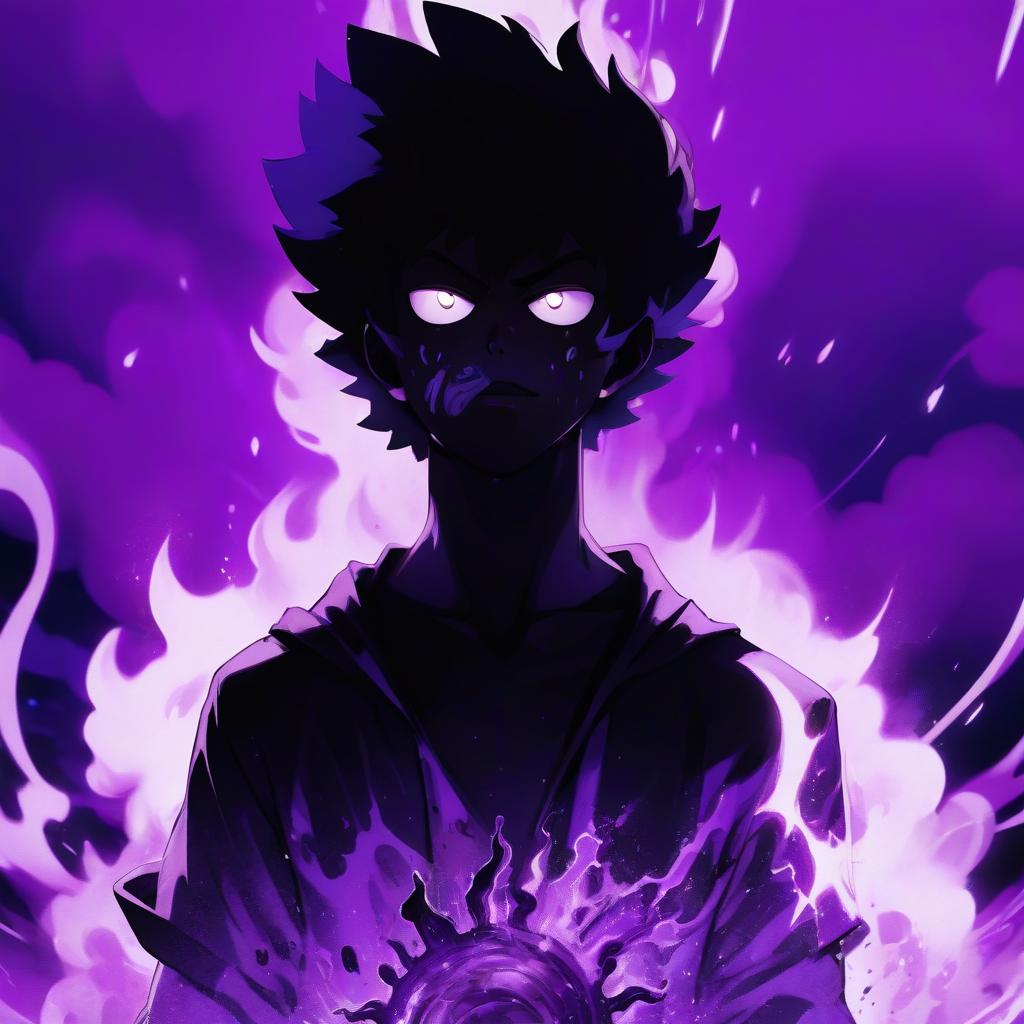  a close up of a person standing in front of a fire, mob psycho 100, more dark purple color scheme, in the skin of fortnite, afro samurai manga style, wall, black ooze, dramatic impactful colors, inspired by shitao, electric sheep, enter the void, dark pruple robes, him, eboy, backdrop