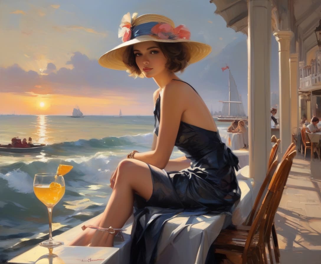  hyperrealistic art landscapes sunset by konstantin razumov and mikhail garmash and volegov, modern woman embankment by the sea, embankment by the sea, street cafe, a girl in a beautiful bright summer dress sits with her back to us, very short haircut, a beautiful beach hat with large sides on her head, a cocktail on the table,, the sea in the distance, photo realism, full length seascape painting depicting a dark night scene on a stormy sea by volegov:40 konstantin razumov :40 mikhail garmash:20 styles of by thomas moran and claude monet peter wileman, keith negley, and martin ansin, seascapes, sea, sunrise, mikhail garmash, louis jover, victor cheleg, damien hirst, claude joseph vernet,blending styles of peter wileman, keith negley, and 