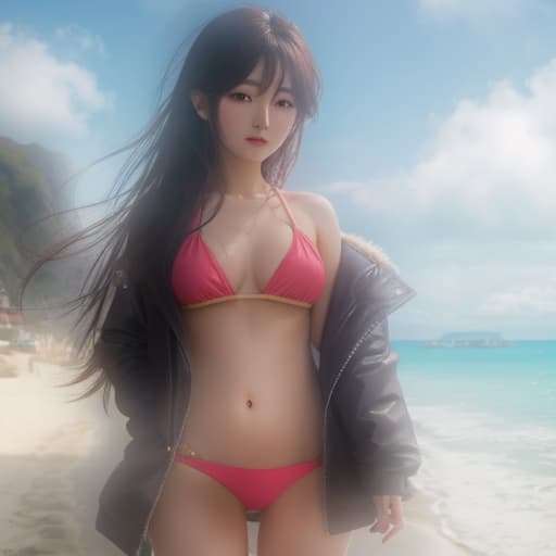   anime on beach without any clothes with her crotch visible and big s, 