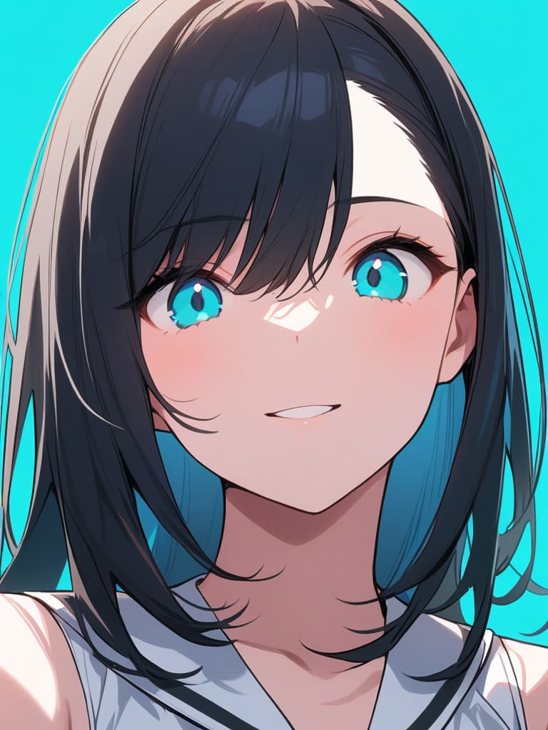  ultra detailed:1.2,masterpiece:1.2,best quality,masterpiece,bestquality,hdr:1.1,8k:1.1,very cute girl:1.3,(((off center part hair,black hair:1.7))),forehead:1.1,((from front:1.5)),(upper body:1.4)(face focus:1.4),(white sailor sundress:1.2)(smile:1.3)(aqua background color:1.6)