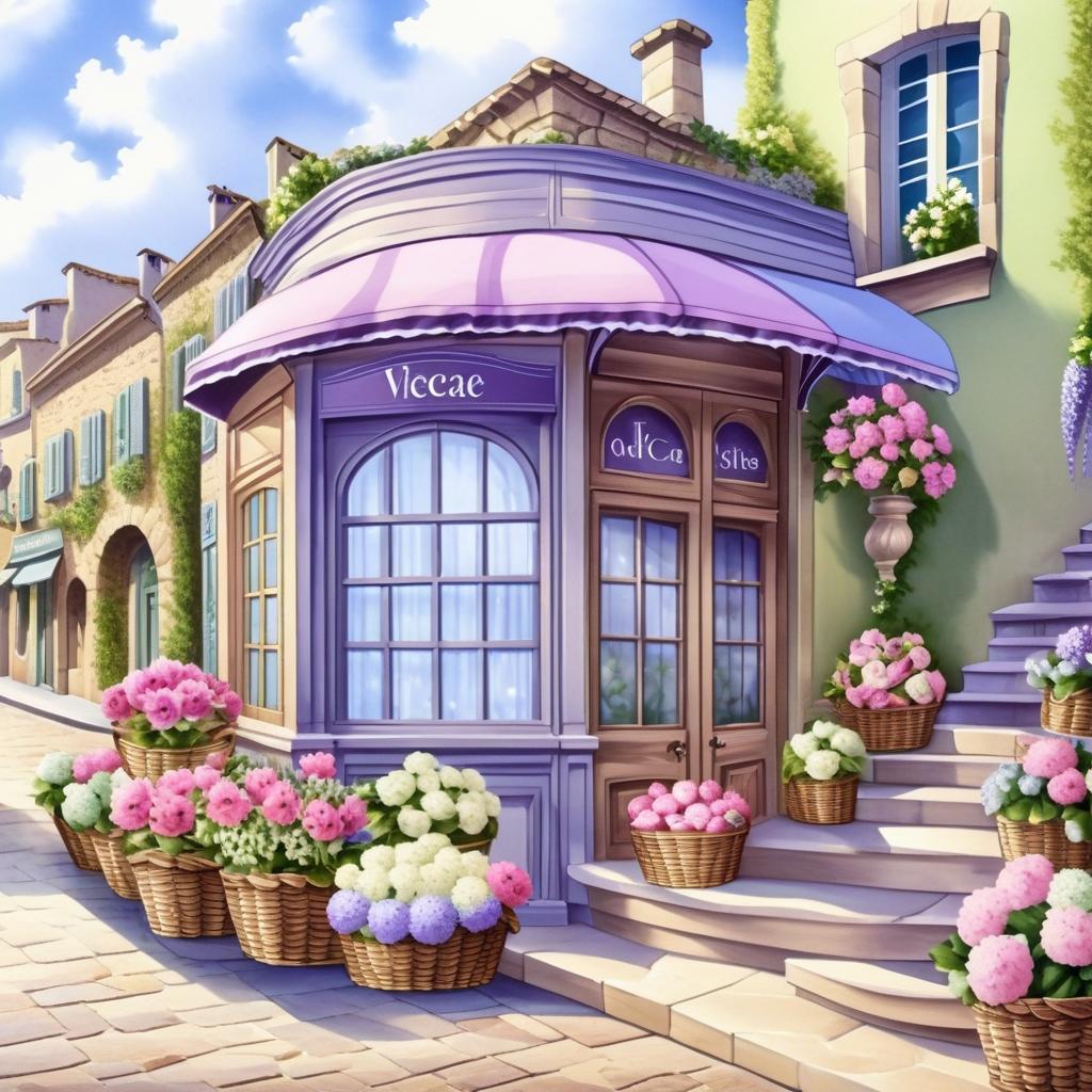  advertising poster style ((the interior of a flower shop)) the walls of the shop are decorated with floral ornaments. ((1,2 wooden carved shelves1,with flowers, baskets with bouquets)). cupboards with vases filled with fresh flowers, chests of drawers, tables and pouffes with imitation aged wood look very attractive. light parquet flooring. (style):fantasy, art design, provence, advertising, shop window, (colours):soft pink, light lavender, white, soft green, all pastel shades. . professional, modern, product focused, commercial, eye catching, highly detailed