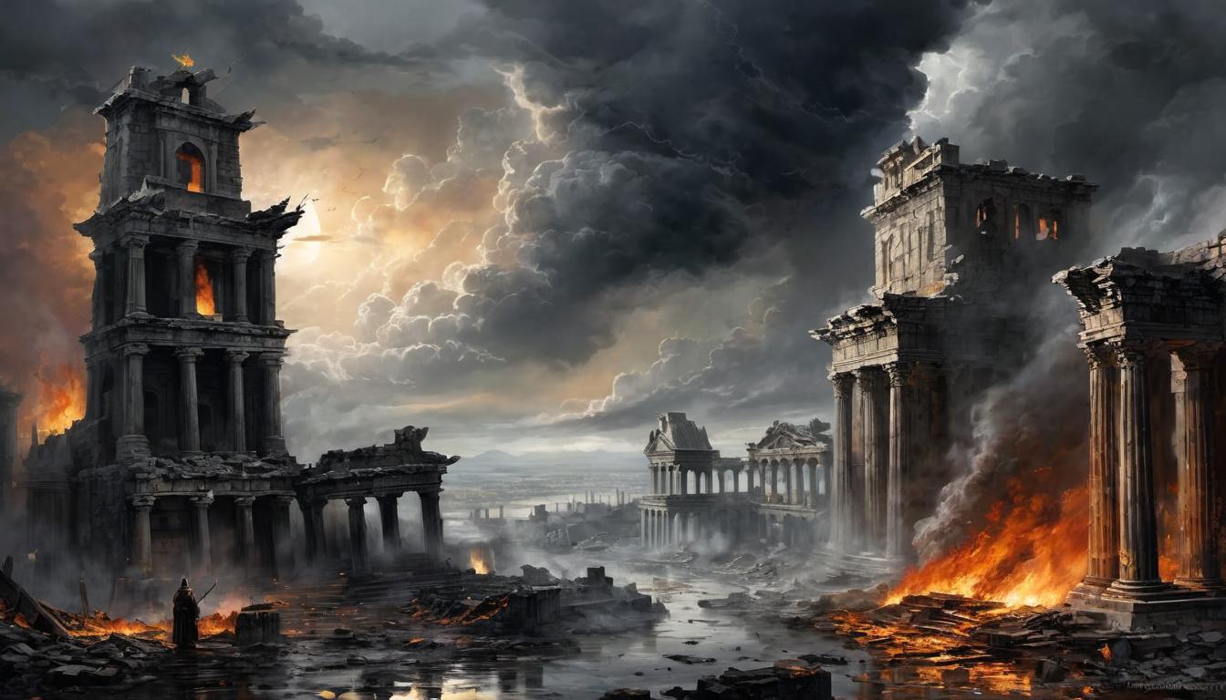  digital painting of a dramatic scene of smoldering ruins, dark clouds swirling above, a prophet witnessing from a distance, expression of sorrow and resignation, remnants of a city in turmoil looking at viewer, dynamic pose, (intricate details, masterpiece, best quality)