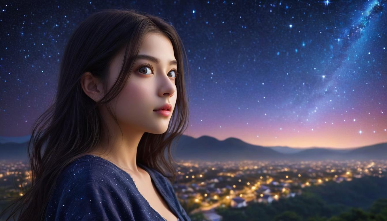  one girl, beautiful face, detailed eyes, starry sky background