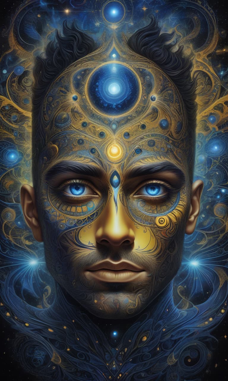  (psychedelic art, high detail, fantasy art: 1.3), mesmerizing male face, brightly glowing eyes with rotating colors, stunning combination of black, blue and yellow hues, intricate designs and patterns, cosmic background with galaxies and stars, ethereal and mystical atmosphere , otherworldly beauty, intricate celestial patterns, cosmic energy emanating from the eyes, a mesmerizing and captivating gaze, transcendental and surreal, a vibrant and dynamic composition, a close up that captures every intricate detail.